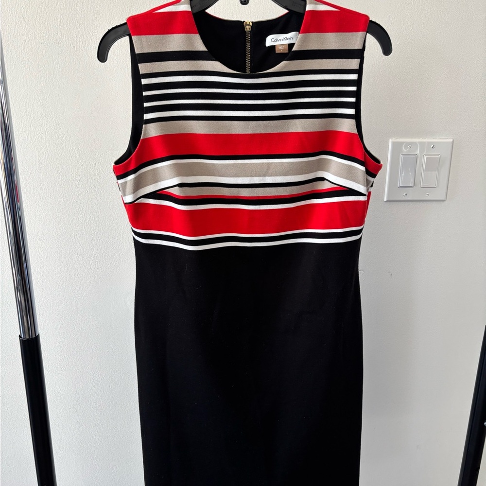 Calvin Klein Red, Black, and White Striped Midi Dress